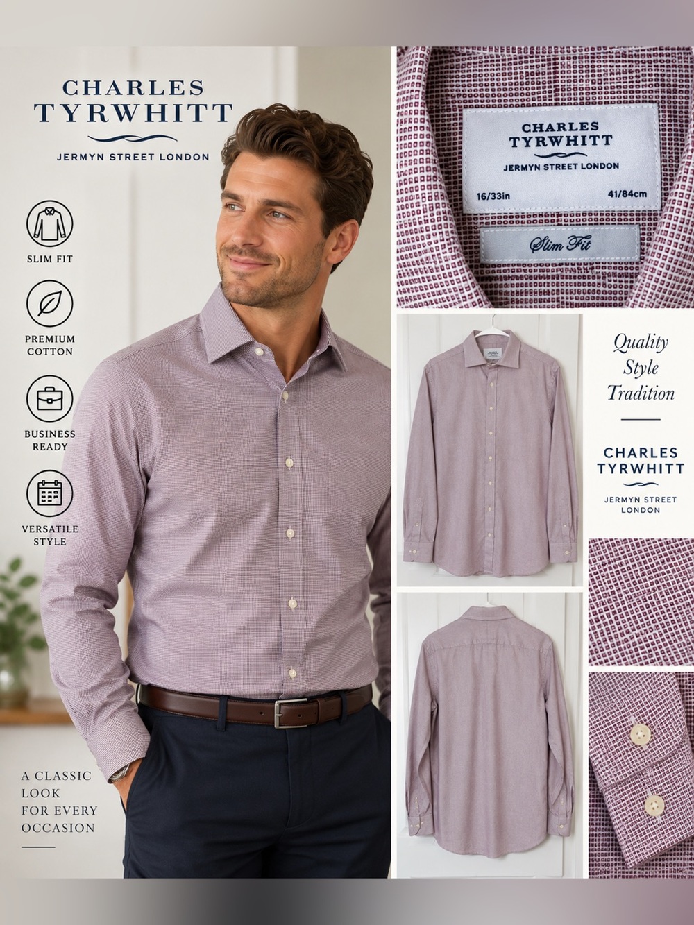 Charles Tyrwhitt Men's Slim Fit Light Plum Check Shirt